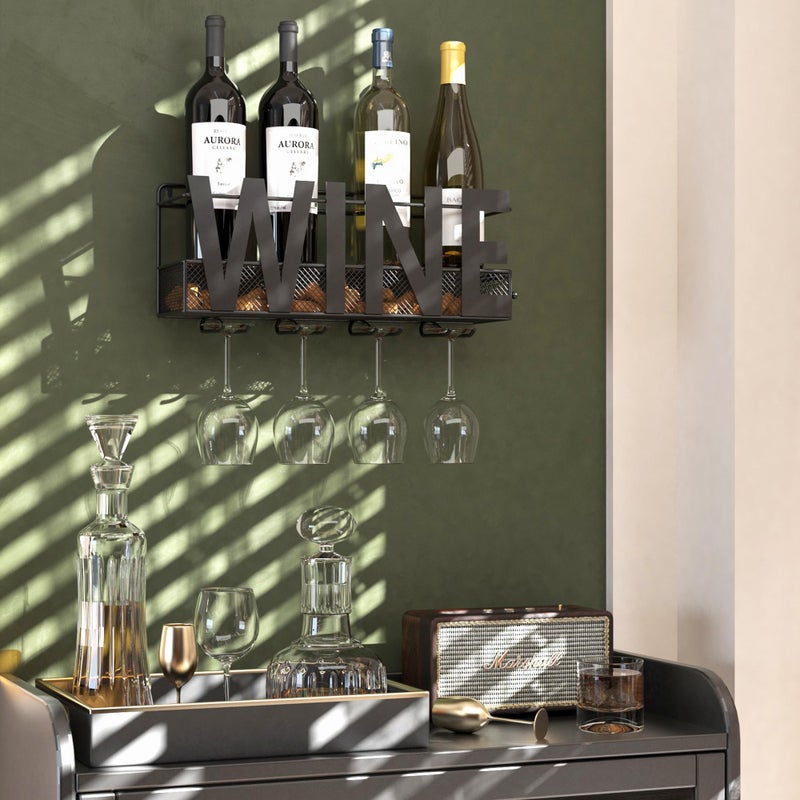 SODUKU Wall Mounted Metal Wine Rack - Wine Rack Wall Mount Wine Bottle Holder 4 Long Stem Glass Holder & Wine Cork Storage Wine - Image 3